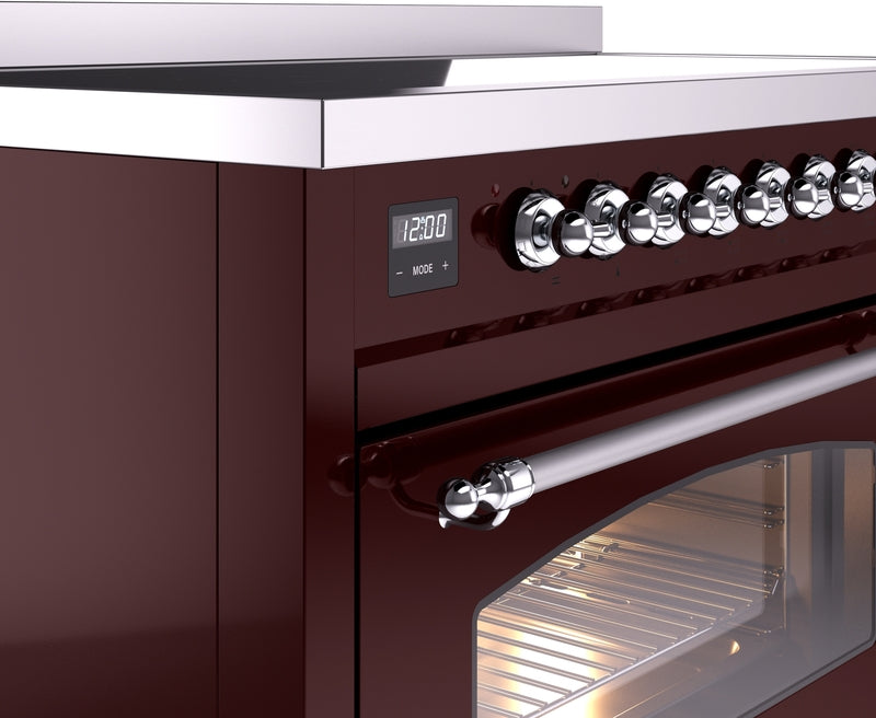 ILVE Nostalgie II 48" Induction Range with Element Stove and Electric Oven in Burgundy with Chrome Trim, UPI486NMPBUC