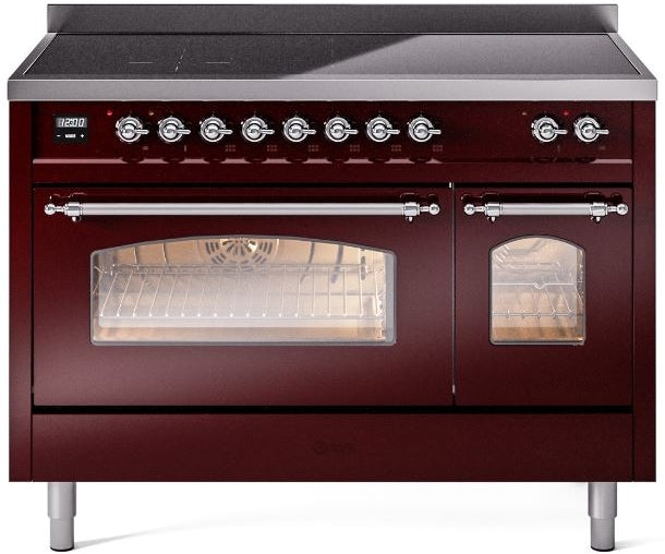 ILVE Nostalgie II 48" Induction Range with Element Stove and Electric Oven in Burgundy with Chrome Trim, UPI486NMPBUC