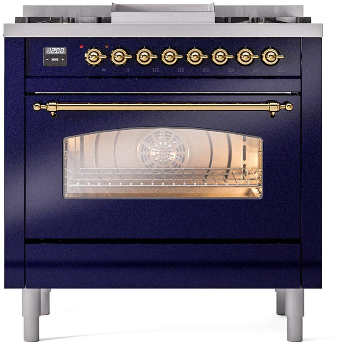 ILVE Nostalgie II 36" Dual Fuel Propane Gas Range in Blue with Brass Trim, UP36FNMPMBGLP