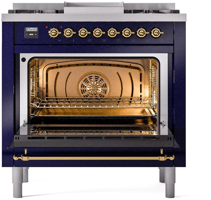 ILVE Nostalgie II 36" Dual Fuel Propane Gas Range in Blue with Brass Trim, UP36FNMPMBGLP