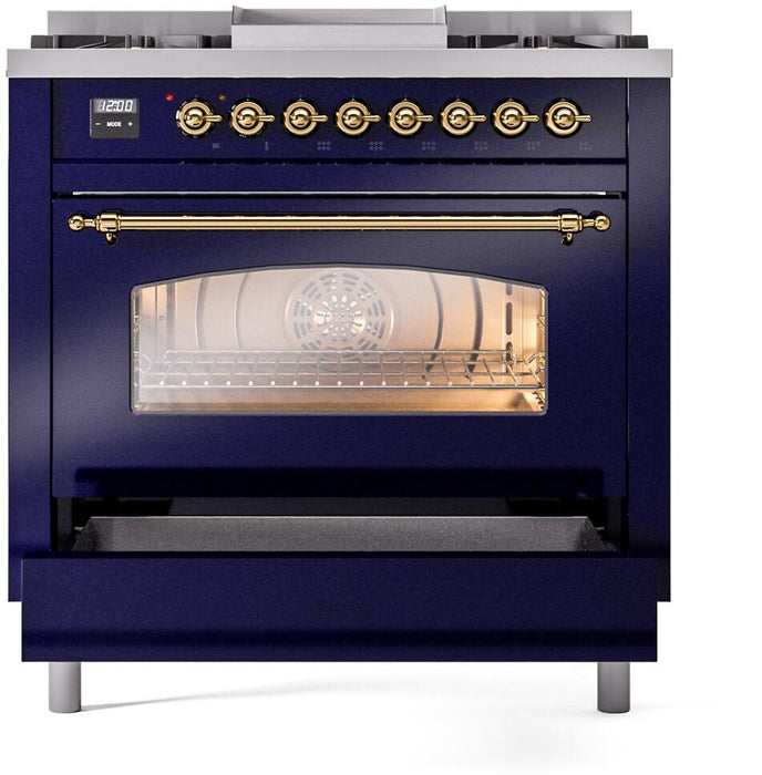 ILVE Nostalgie II 36" Dual Fuel Propane Gas Range in Blue with Brass Trim, UP36FNMPMBGLP