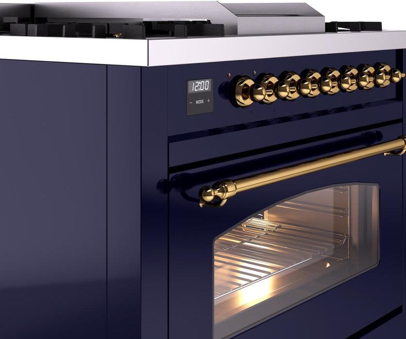 ILVE Nostalgie II 36" Dual Fuel Propane Gas Range in Blue with Brass Trim, UP36FNMPMBGLP