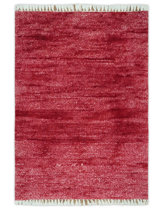 2X2.6 Solid Plain Red Hand knotted wool area rug