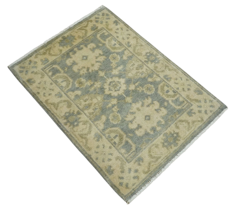2x3 Hand Knotted Gray and Beige Traditional Persian Oushak Wool Rug | N7223