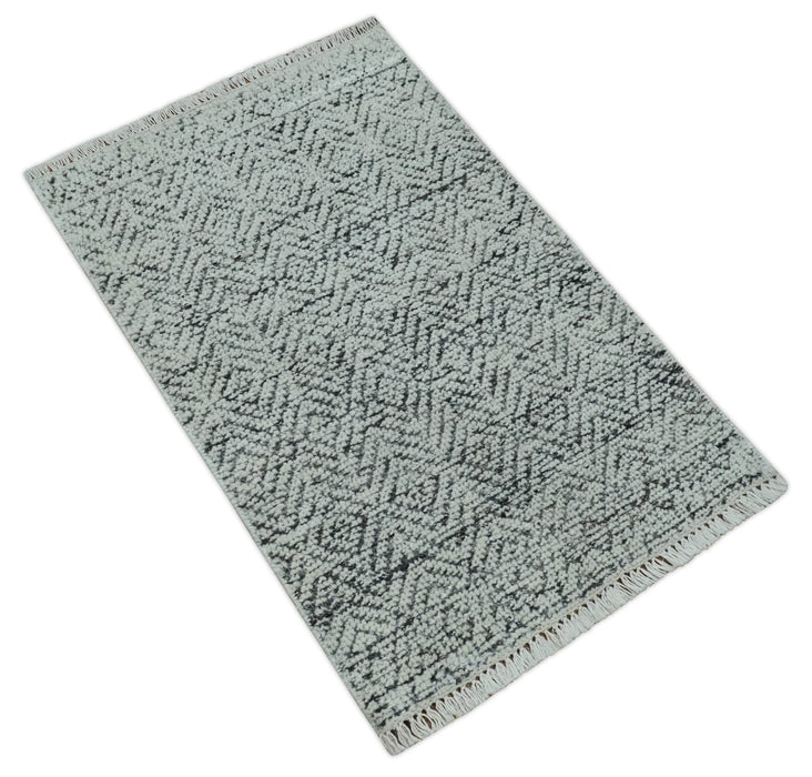 2x3 Hand Knotted Ivory and Charcoal Stripes Tribal Pattern Wool Rug