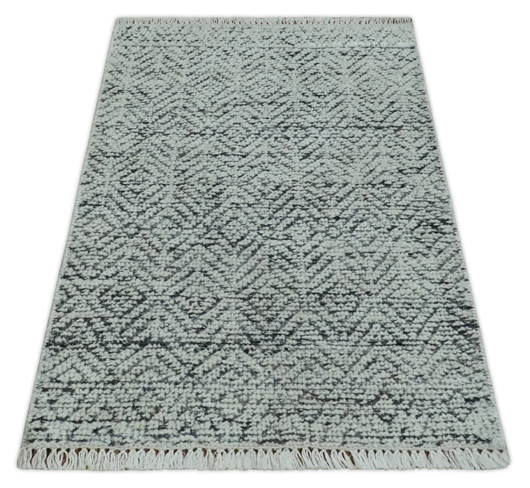 2x3 Hand Knotted Ivory and Charcoal Stripes Tribal Pattern Wool Rug