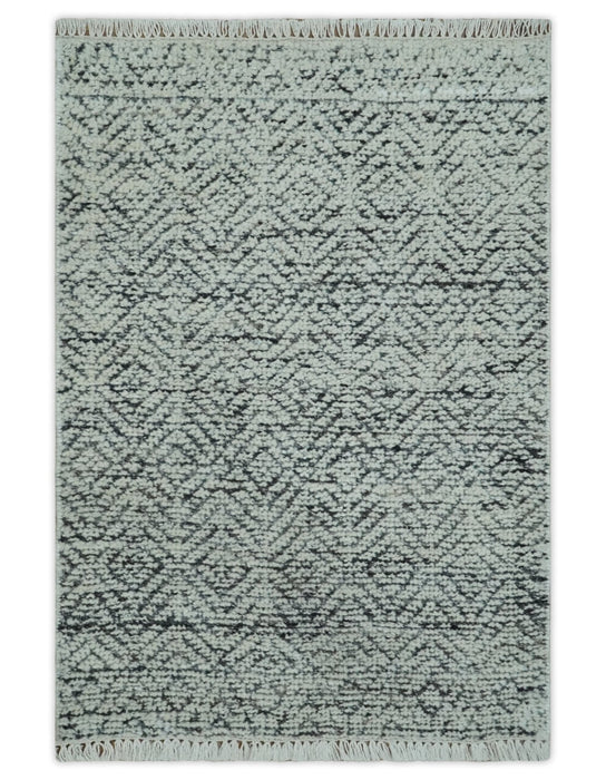 2x3 Hand Knotted Ivory and Charcoal Stripes Tribal Pattern Wool Rug
