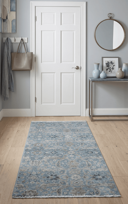 2x4 Aqua Blue and Beige Hand Knotted Traditional Vintage Wool Rug