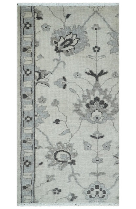 2x4 Hand Knotted Ivory and Silver Traditional Persian Oushak Wool Rug