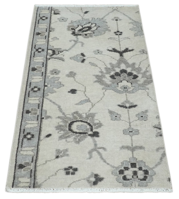 2x4 Hand Knotted Ivory and Silver Traditional Persian Oushak Wool Rug