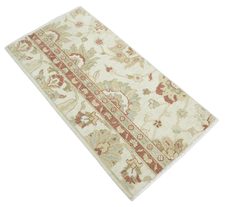 2x4 Hand Knotted Ivory, Olive and Rust Traditional Persian Oushak Wool | N8024