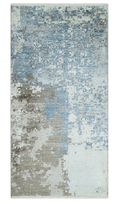 2x4 Modern Abstract Blue and Brown Hand Knotted Art Silk Rug