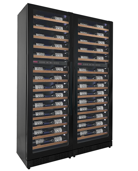 Reserva Series 134 Bottle 71" Tall Four Zone Black Side-by-Side Shallow Wine Refrigerator with Wood Front Shelves