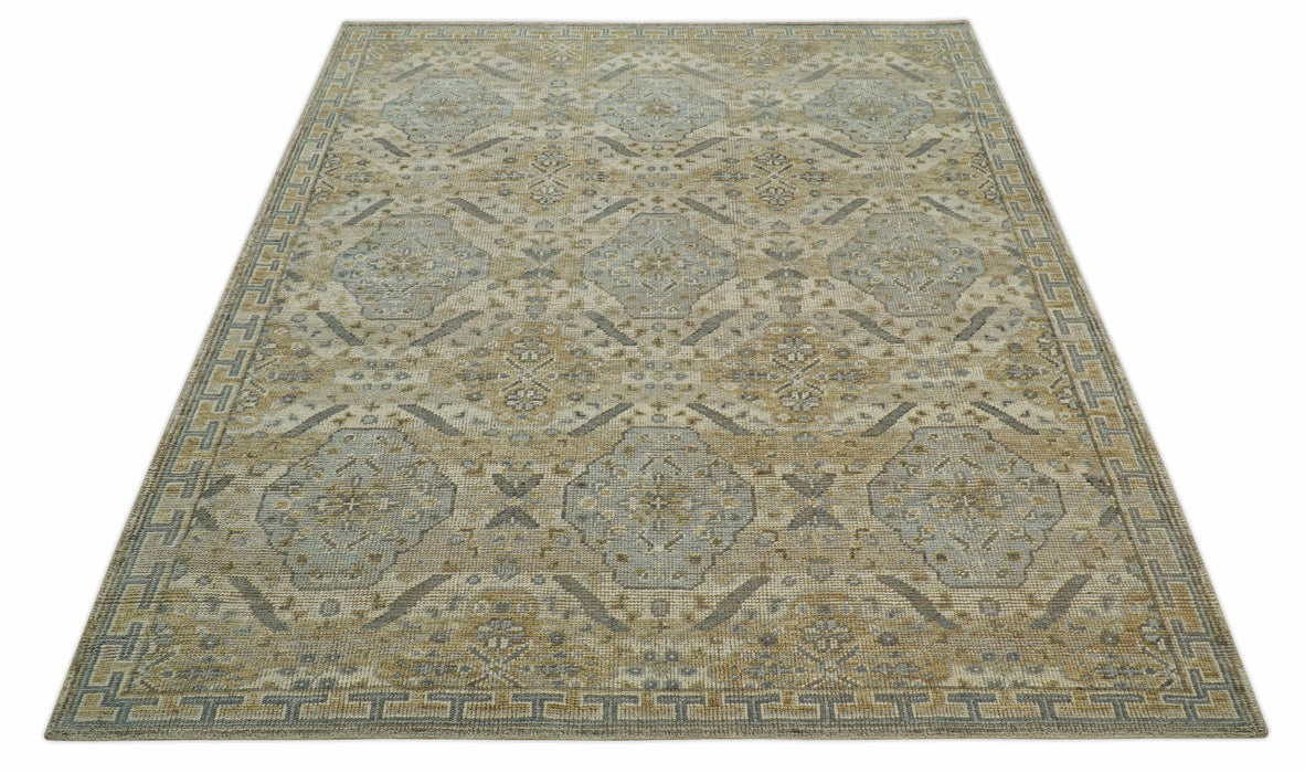 Custom Made Ivory, Brown and Blue Traditional Hand Knotted Wool Area Rug