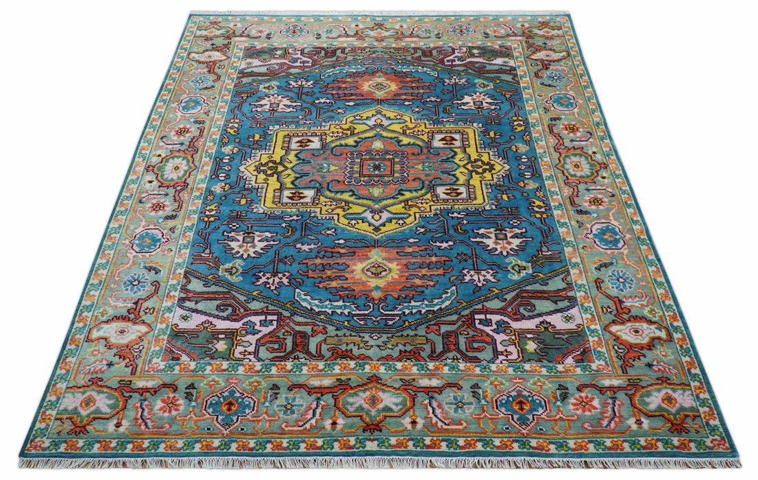 Traditional Medallion Design Blue Hand knotted 8x10 Wool Area Rug