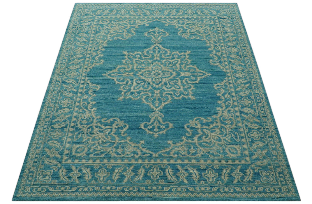 Custom Made Traditional Turkish Design Blue Hand Knotted Wool Area Rug