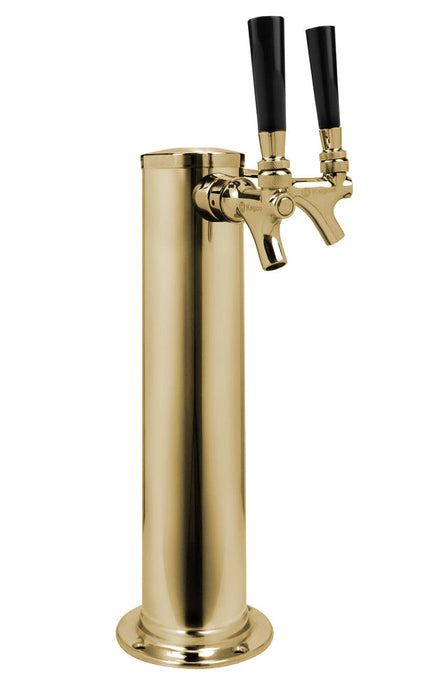 14" Tall Double Faucet Polished Brass Draft Beer Tower - Standard Faucets