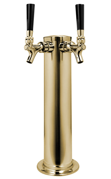 14" Tall Double Faucet Polished Brass Draft Beer Tower - 100% Stainless Contact