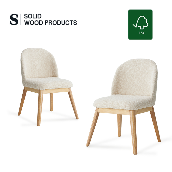 Ready to Ship Solid Ashwood Natural Boucle Dining Chair with White Luxury Fabric (SET OF 2 PCS)