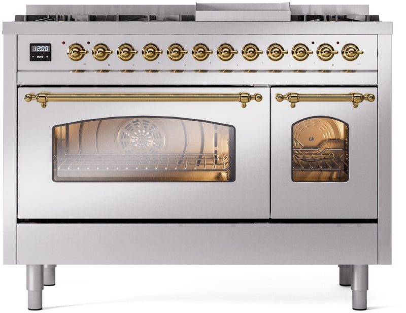 ILVE Nostalgie II 48" Dual Fuel Natural Gas Range in Stainless Steel with Brass Trim, UP48FNMPSSG