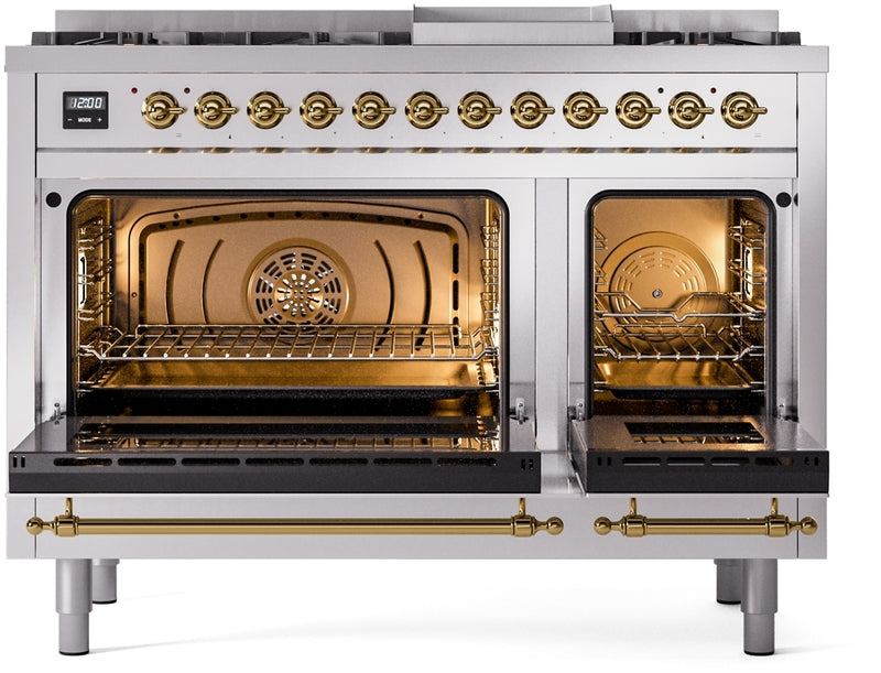 ILVE Nostalgie II 48" Dual Fuel Natural Gas Range in Stainless Steel with Brass Trim, UP48FNMPSSG