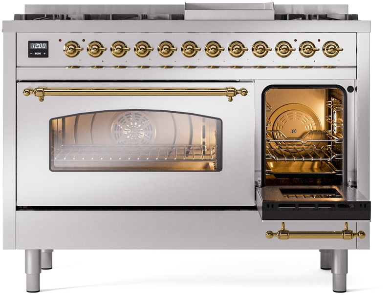 ILVE Nostalgie II 48" Dual Fuel Natural Gas Range in Stainless Steel with Brass Trim, UP48FNMPSSG