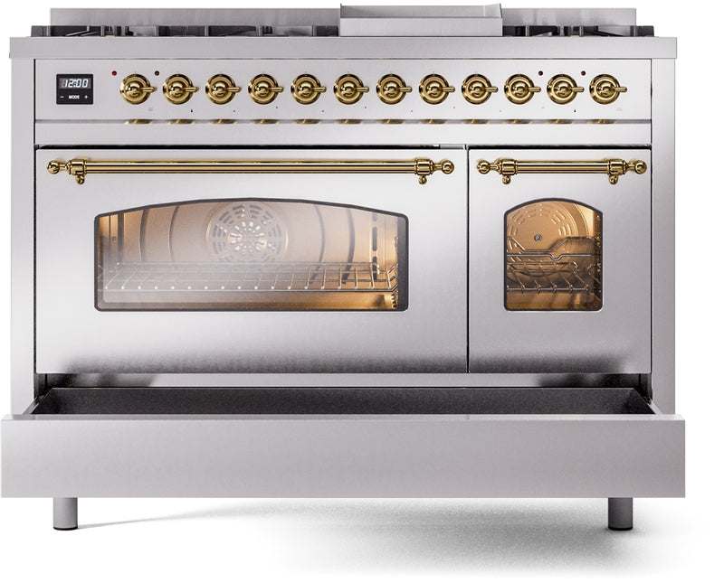 ILVE Nostalgie II 48" Dual Fuel Natural Gas Range in Stainless Steel with Brass Trim, UP48FNMPSSG