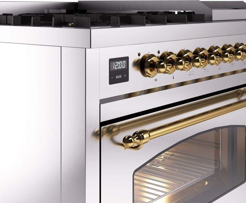 ILVE Nostalgie II 48" Dual Fuel Natural Gas Range in Stainless Steel with Brass Trim, UP48FNMPSSG