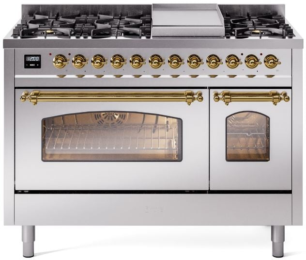 ILVE Nostalgie II 48" Dual Fuel Natural Gas Range in Stainless Steel with Brass Trim, UP48FNMPSSG