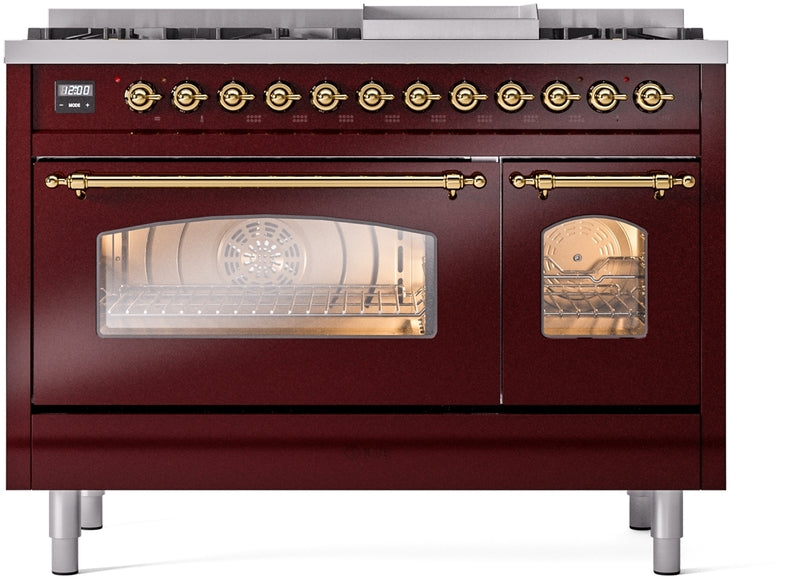 ILVE Nostalgie II 48" Dual Fuel Natural Gas Range in Burgundy with Brass Trim, UP48FNMPBUG