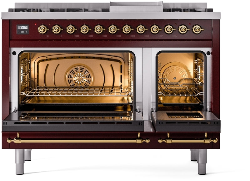 ILVE Nostalgie II 48" Dual Fuel Natural Gas Range in Burgundy with Brass Trim, UP48FNMPBUG