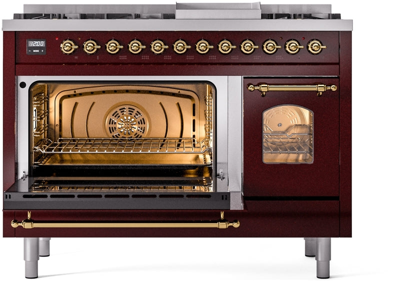 ILVE Nostalgie II 48" Dual Fuel Natural Gas Range in Burgundy with Brass Trim, UP48FNMPBUG