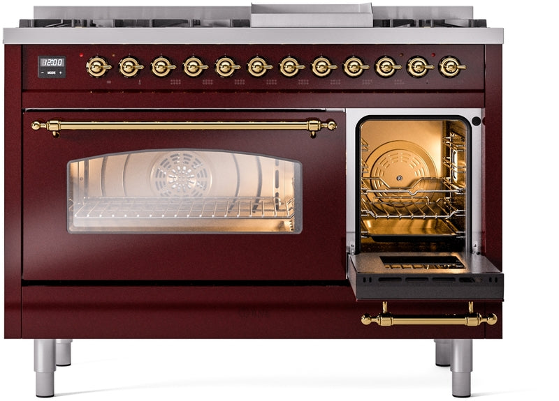 ILVE Nostalgie II 48" Dual Fuel Natural Gas Range in Burgundy with Brass Trim, UP48FNMPBUG