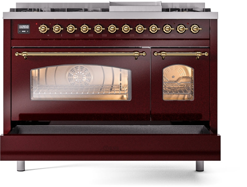 ILVE Nostalgie II 48" Dual Fuel Natural Gas Range in Burgundy with Brass Trim, UP48FNMPBUG