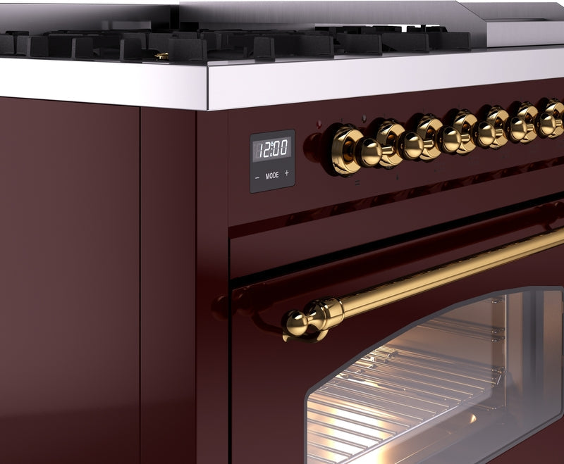 ILVE Nostalgie II 48" Dual Fuel Natural Gas Range in Burgundy with Brass Trim, UP48FNMPBUG