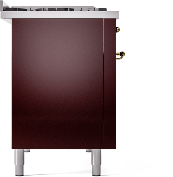 ILVE Nostalgie II 48" Dual Fuel Natural Gas Range in Burgundy with Brass Trim, UP48FNMPBUG