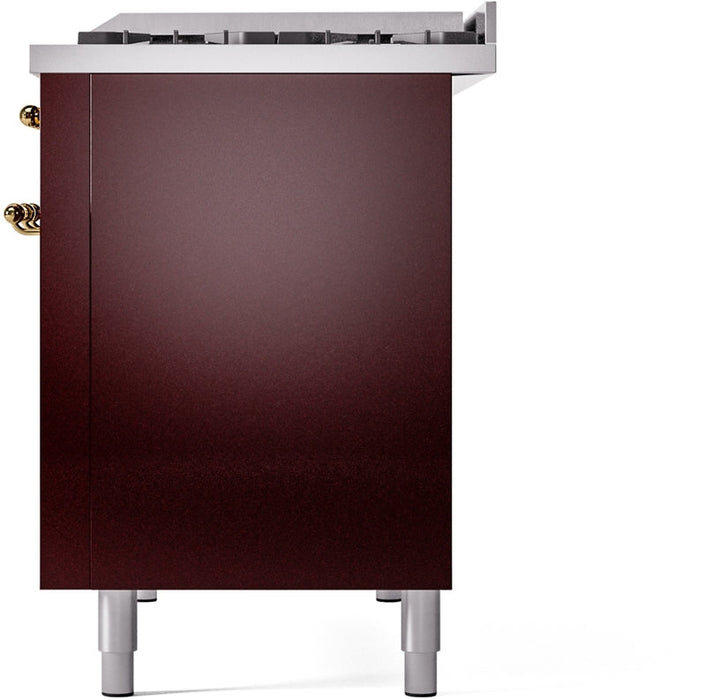 ILVE Nostalgie II 48" Dual Fuel Natural Gas Range in Burgundy with Brass Trim, UP48FNMPBUG