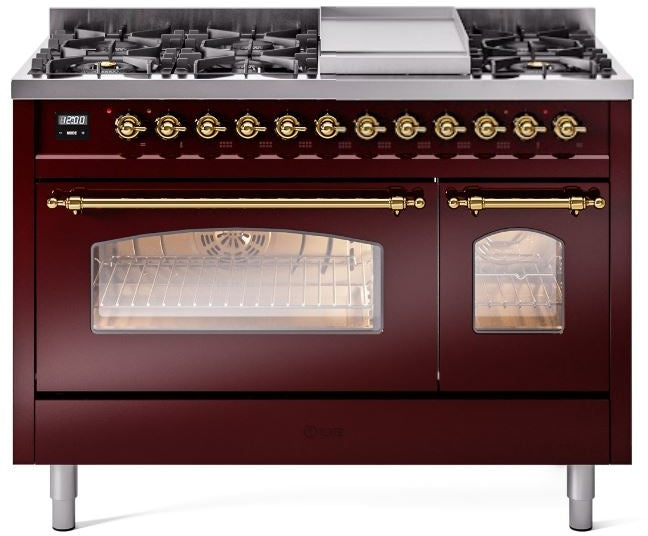 ILVE Nostalgie II 48" Dual Fuel Natural Gas Range in Burgundy with Brass Trim, UP48FNMPBUG