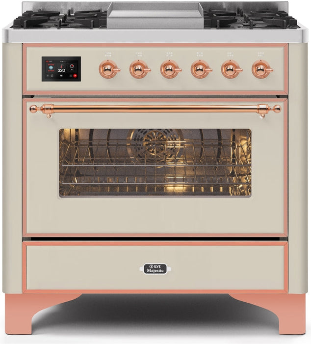 ILVE Majestic II 36" Dual Fuel Propane Gas Range in Antique White with Copper Trim, UM09FDNS3AWPLP