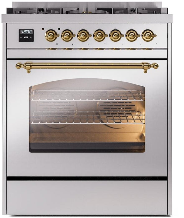 ILVE Nostalgie II 30" Dual Fuel Natural Gas Range in Stainless Steel with Brass Trim, UP30NMPSSG