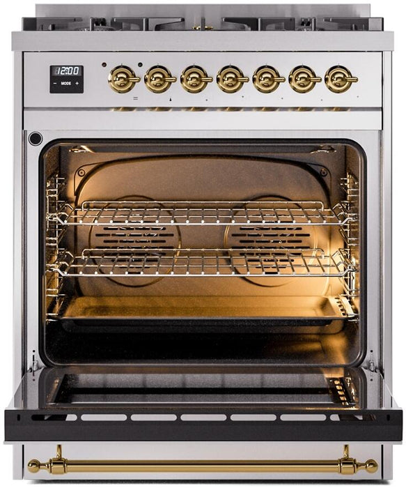 ILVE Nostalgie II 30" Dual Fuel Natural Gas Range in Stainless Steel with Brass Trim, UP30NMPSSG