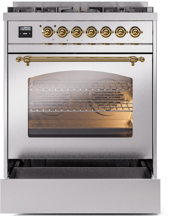 ILVE Nostalgie II 30" Dual Fuel Natural Gas Range in Stainless Steel with Brass Trim, UP30NMPSSG