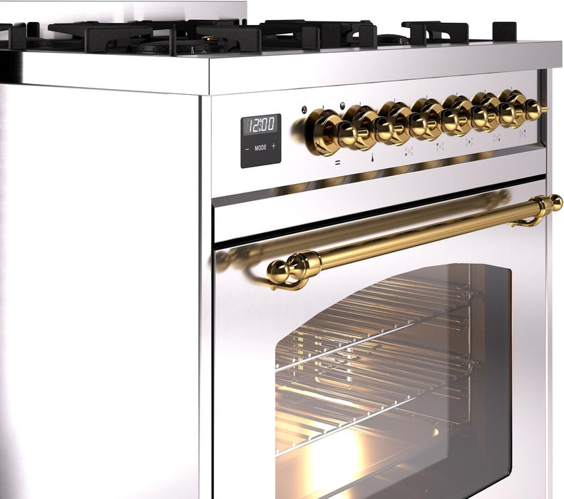 ILVE Nostalgie II 30" Dual Fuel Natural Gas Range in Stainless Steel with Brass Trim, UP30NMPSSG