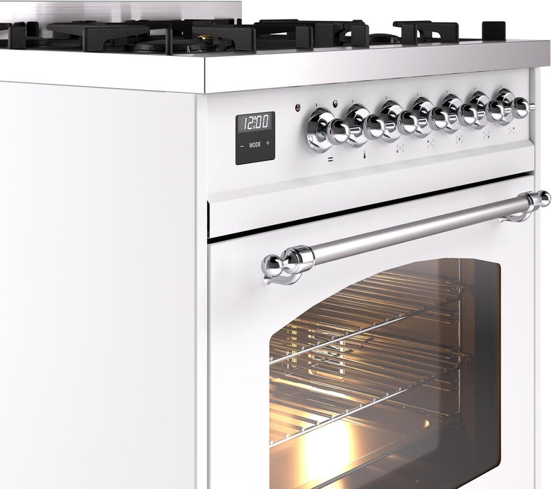 ILVE Nostalgie II 30" Dual Fuel Propane Gas Range in White with Chrome Trim, UP30NMPWHCLP