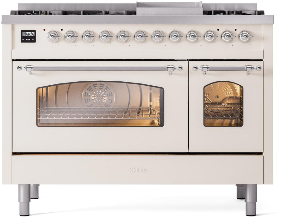 ILVE Nostalgie II 48" Dual Fuel Natural Gas Range in Antique White with Chrome Trim, UP48FNMPAWC