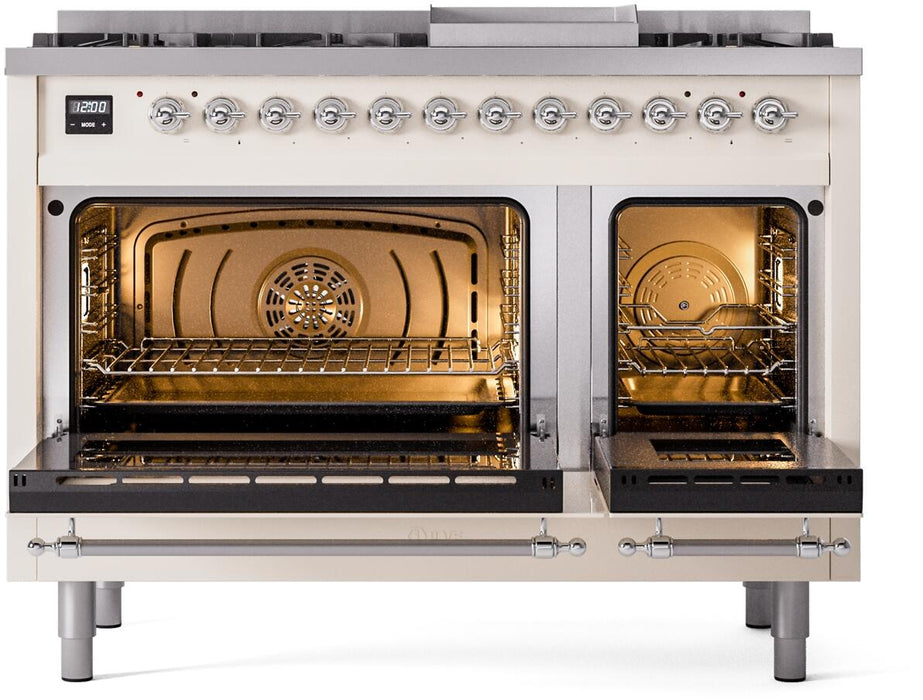 ILVE Nostalgie II 48" Dual Fuel Natural Gas Range in Antique White with Chrome Trim, UP48FNMPAWC