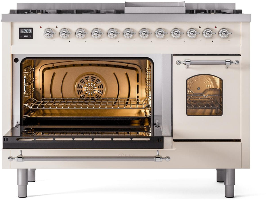 ILVE Nostalgie II 48" Dual Fuel Natural Gas Range in Antique White with Chrome Trim, UP48FNMPAWC