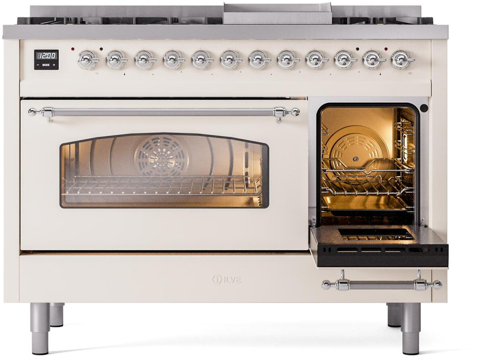 ILVE Nostalgie II 48" Dual Fuel Natural Gas Range in Antique White with Chrome Trim, UP48FNMPAWC