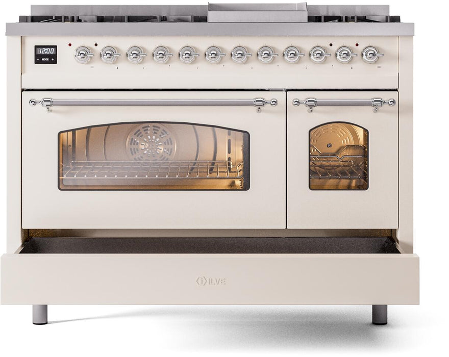 ILVE Nostalgie II 48" Dual Fuel Natural Gas Range in Antique White with Chrome Trim, UP48FNMPAWC