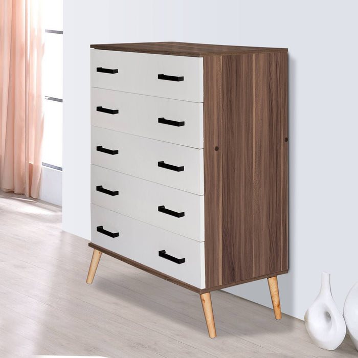 Better Home Products Eli Mid-Century Modern 5 Drawer Chest in Walnut & White